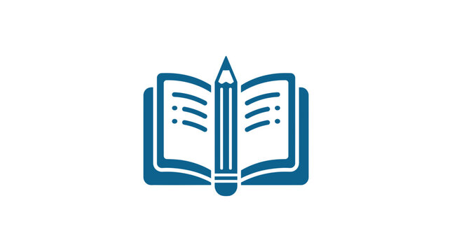 Book icon with a vertical pencil represents the core concept of writing, academic study, and creative documentation for educational or professional publishing projects.