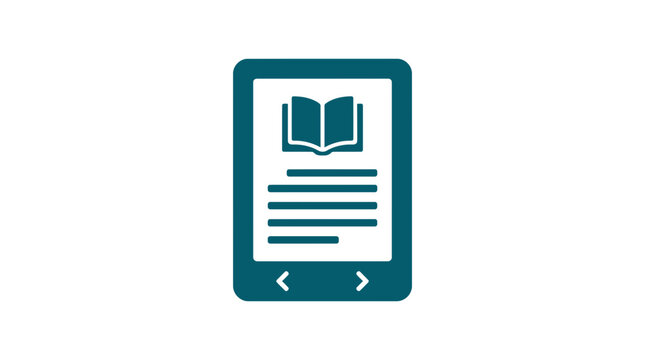 E-reader displaying an open book icon represents modern digital literature and the convenience of portable reading technology for students and avid readers in a minimalist graphic design style.