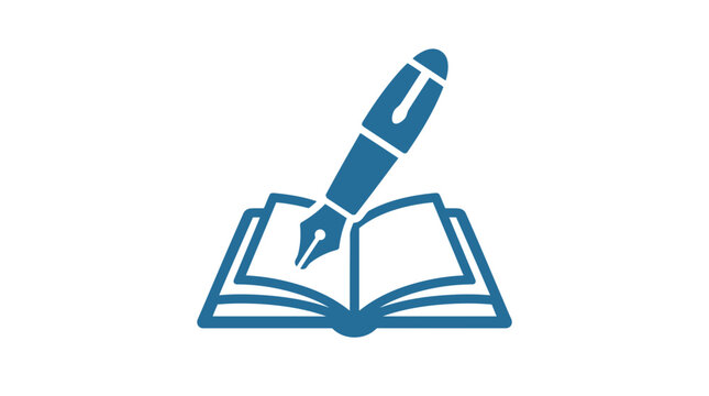 Fountain pen writing on an open book symbolizes the creative process of authorship and the documentation of ideas.