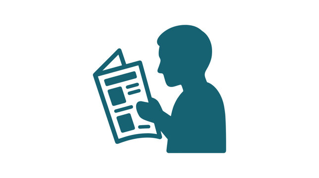 Newspaper reader silhouette represents a person engaged in daily news consumption and information gathering through traditional print media formats in a clean graphic design style.