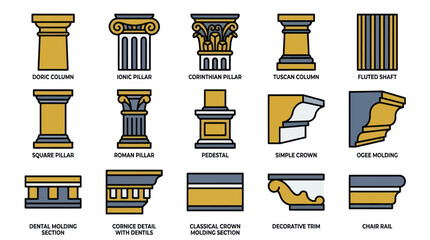 Roman and Greek architectural pillar and molding icons. © Alya