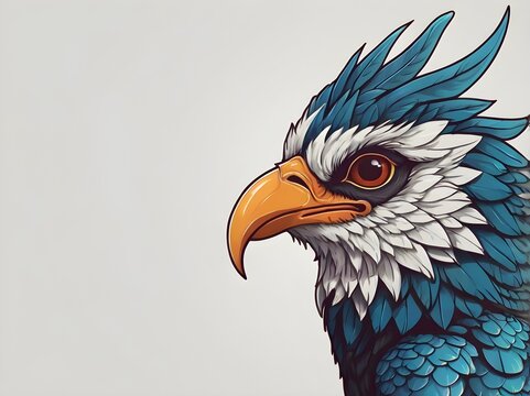Side profile illustration of a powerful mythical garuda bird with blue feathers.