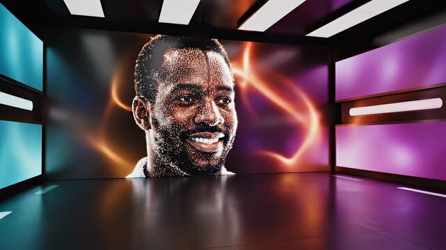 Black man face stands in a futuristic virtual space with glowing abstract lights, creating a tech-inspired atmosphere, modern design, innovative visualization, high-tech energy, digital concept