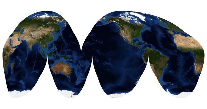 Interrupted Homolosine projection of the Earth. Animated longitude shift and rotation of a detailed physical world map. June View. Elements of this video furnished by NASA.