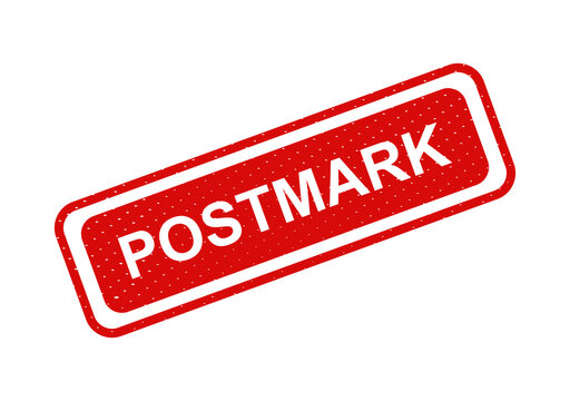 Red postmark stamp with white text isolated on transparent background
