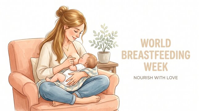 World Breastfeeding Week banner with mother nursing baby, watercolor illustration of maternal health and nourishment, gentle motherhood concept art