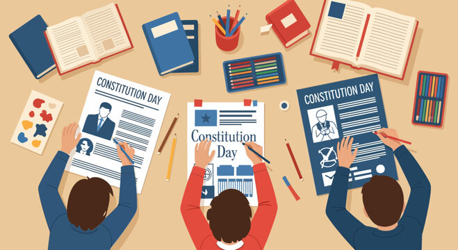 Students diligently working on Constitution Day assignments at a shared table with books and art supplies