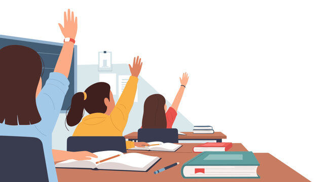 Students raising hands in a bright classroom, eager to answer questions and participate in the lesson