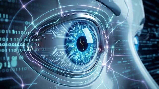 Human eye illuminated by glowing circuit patterns, symbolizing artificial intelligence, machine vision, digital innovation, 4K video