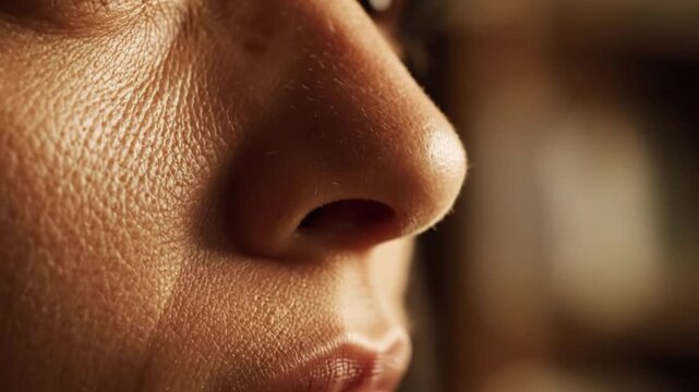 Extreme close up of human nose and skin texture.