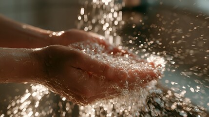 Fototapeta premium Close up of a person washing hands under a stream of clear water, creating a bokeh effect