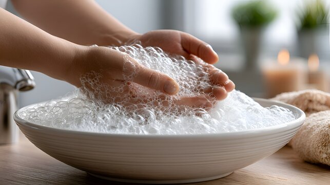 Close-up of hands washing in soapy water in a bowl, promoting hygiene and relaxation