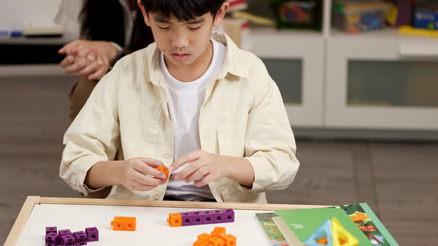 Young Asian Boy Sorting Purple and Orange Math Manipulatives in Classroom