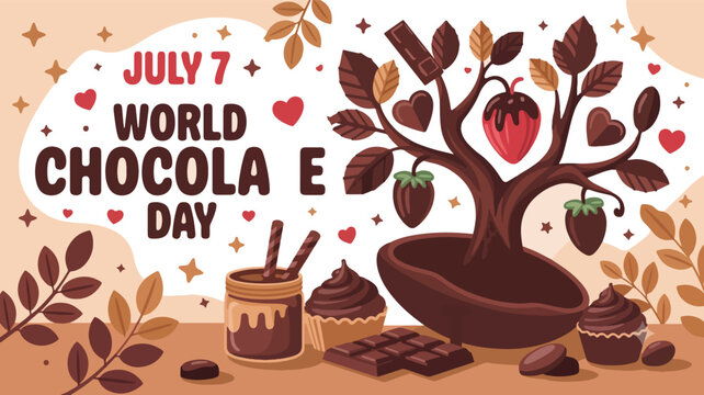 Celebrate World Chocolate Day 2026: Whimsical Vector Illustration Featuring a Chocolate Tree and Sweet Cocoa Treats for July 7