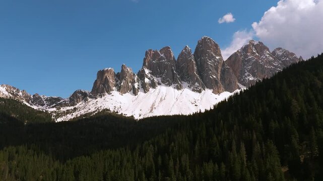 Odle massif Geisler peaks seen from Malga Zannes, Dolomites. Alpine mountain landscape panorama. Italy