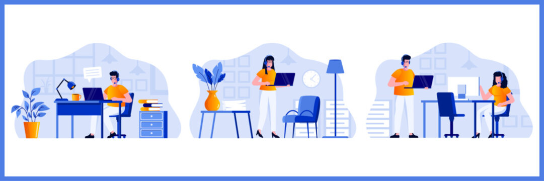 Set of illustrations featuring customer support agents working in an office environment, using laptops and headsets to assist clients