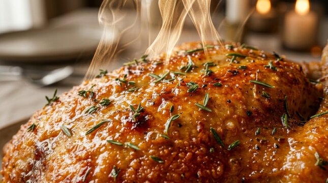 Steaming Hot Roasted Turkey with Herbs and Golden Skin.