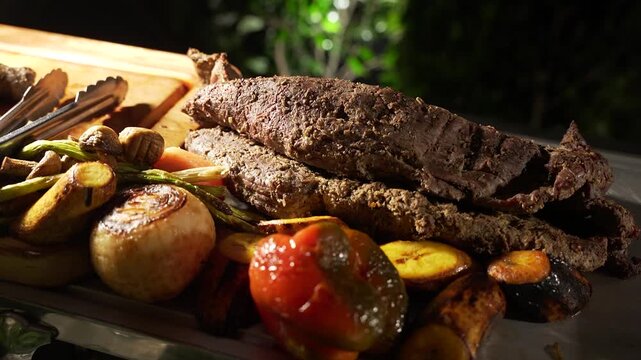 Grilled Beef Tenderloin with Roasted Vegetables on Outdoor Gourmet Barbecue