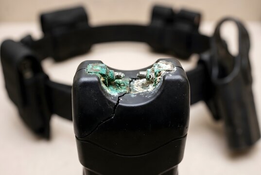 Sharp structural crack and thick green patina on the electrodes of a stun gun taser