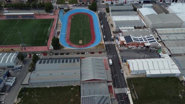 Aerial view of the municipal sports center and industrial park of Castalla, Spain.