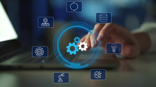 Gear rotation, Animation of technology and business process Hyperautomation with digital interface icons
