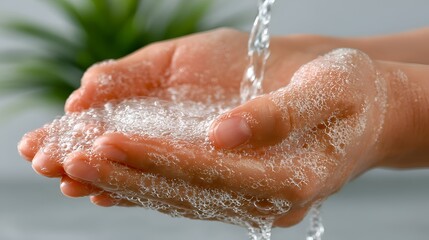 Fototapeta premium Close up of hands being washed with soap and water, creating lots of foam and bubbles