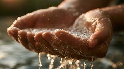 Fototapeta premium Close up of cupped hands holding flowing water with sunlit droplets cascading down