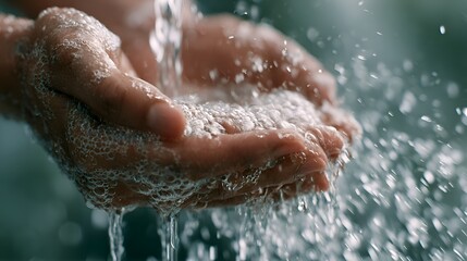 Fototapeta premium Close-up of hands cupped together under flowing water with soap suds and bubbles