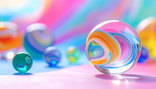 Colorful glass marbles on surface.
