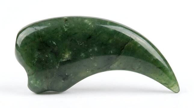 Polished Green Nephrite Jade Claw Shaped Amulet Isolated on White Background
