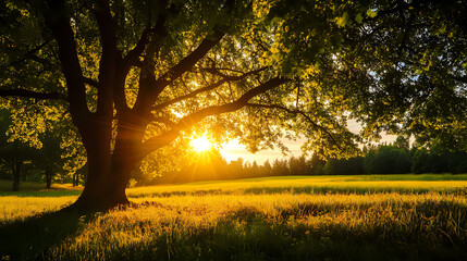 Obraz premium Golden Sunset Through Majestic Tree Canopy