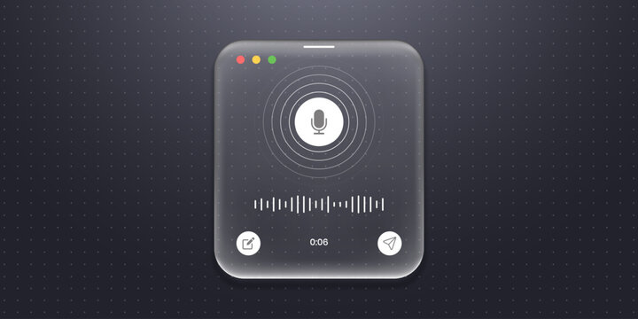 Liquid glass voice interface button with sound wave and microphone icon. Glass morphism digital ui element for smartphone application. Sound recording for smart assistant technology