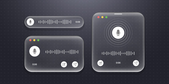 Liquid glass voice interface button with sound wave and microphone icon in three different style. Glass morphism digital ui element for smartphone application.