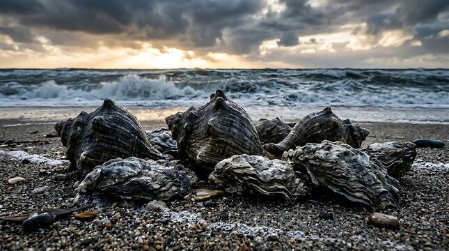 A Dramatic Seascape Featuring Whelk and Oyster Shells on a Stormy Beach at Dusk