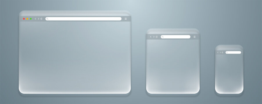 Web browser mockup set in liquid glass style for computer, laptop, tablet and mobile screen. Window screen with navigation arrow, refresh, menu icon and search bar. Desktop and smartphone browser.