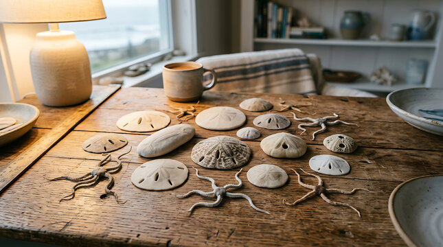 Arrangement of Sand Dollars and Brittle Stars on a Rustic Wooden Table Beside a Window