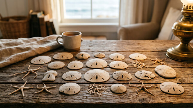 Arrangement of Sand Dollars and Starfish with a Coffee Mug on a Wooden Table by a Window