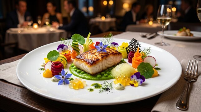 Exquisite fine dining salmon fillet with perfectly caramelized golden crust, elegantly presented on a large white porcelain plate. Surrounded by vibrant green pea pur&eacute;e, colorful vegetable ribbons cra