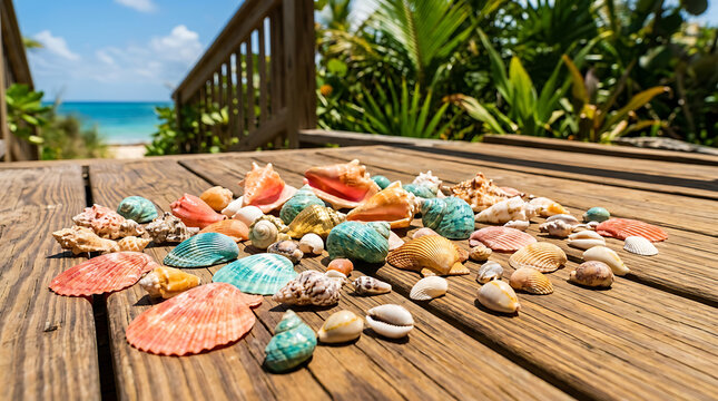 Assortment of various seashells scattered across a weathered wooden deck with lush tropical foliage in the background