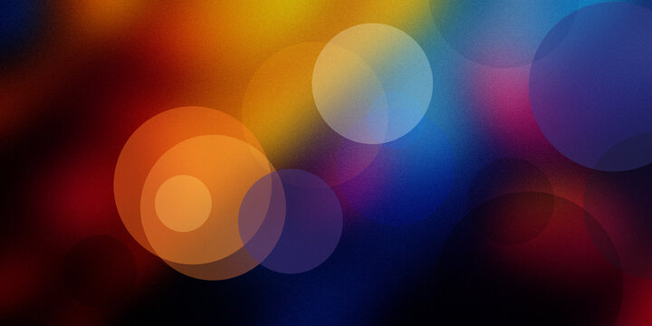 Colorful bokeh circles with grainy texture floating over dark blue and red background creates nostalgic atmospheric light effect.