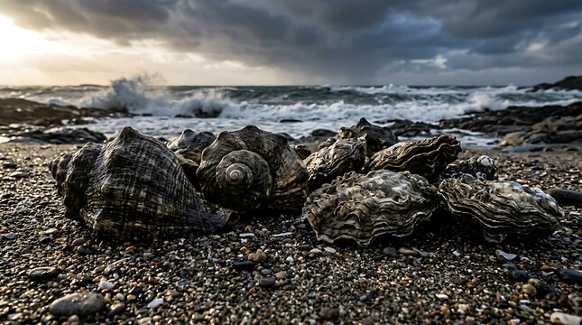 Whelk and Oyster Shells on a Rocky Beach Shore with Crashing Waves Under a Stormy Sky