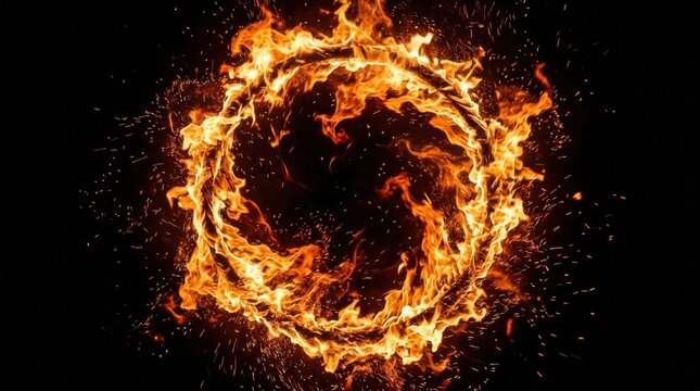 Fiery ring explosion with intense orange flames and burning sparks against a dark night sky background.