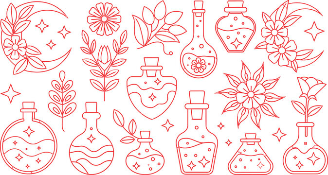 Magical potion bottles, stars, and botanical elements for alchemy and witchcraft themed designs