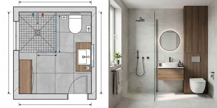 Minimalist Bathroom Interior Design Featuring 2D Architectural Floor Plan and 3D Rendering Visualization