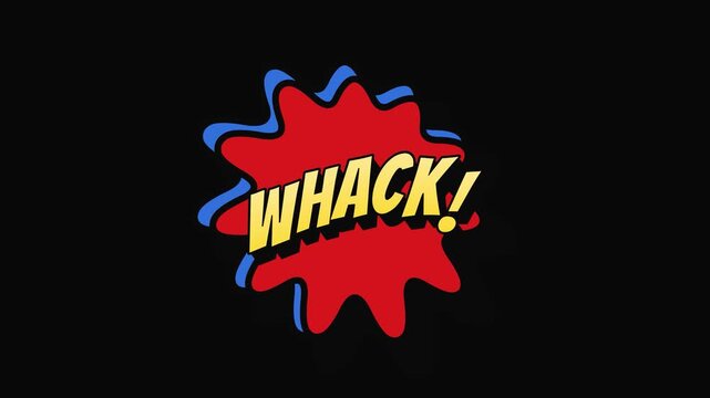 Comic book style whack text floating and hovering in cloud burst on black background, pop art onomatopoeia, seamless loop