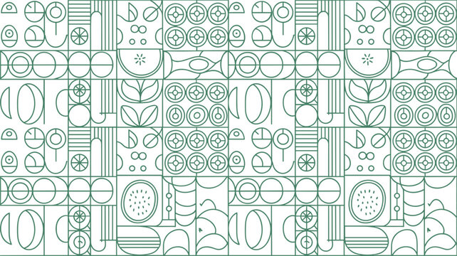 Abstract geometric seamless pattern featuring minimalist green line art icons of tropical fruits leaves and tiles