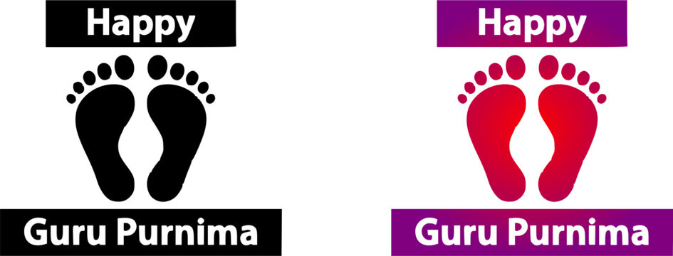 Happy Guru Purnima festival graphic icon design set featuring traditional guru charan paduka feet footprints silhouette in solid black style and a vibrant pink gradient look isolated on white backgrou