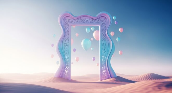 An elegant dreamcore scene shows a hollow pastel frame gateway in a calm desert with soft balloons drifting through a misty ethereal sky, quiet, floating, abstract