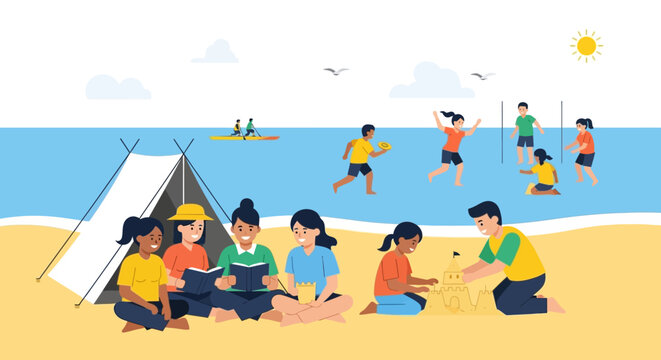 Group of people enjoying beach camping by the campfire.