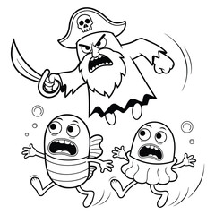 Fototapeta premium Cartoon pirate chasing two frightened fish black and white line scared